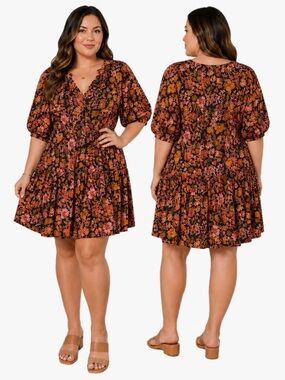 Loft Floral Tiered V-Neck Swing Dress Pink & Mustard Women’s Size XL